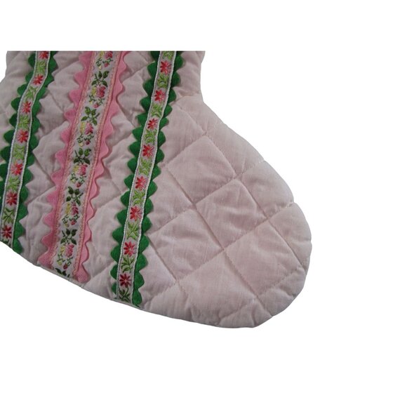 Vintage Quilted Christmas Stocking Lace Embroidered Ribbon RicRac Pink Green EUC - Picture 3 of 9